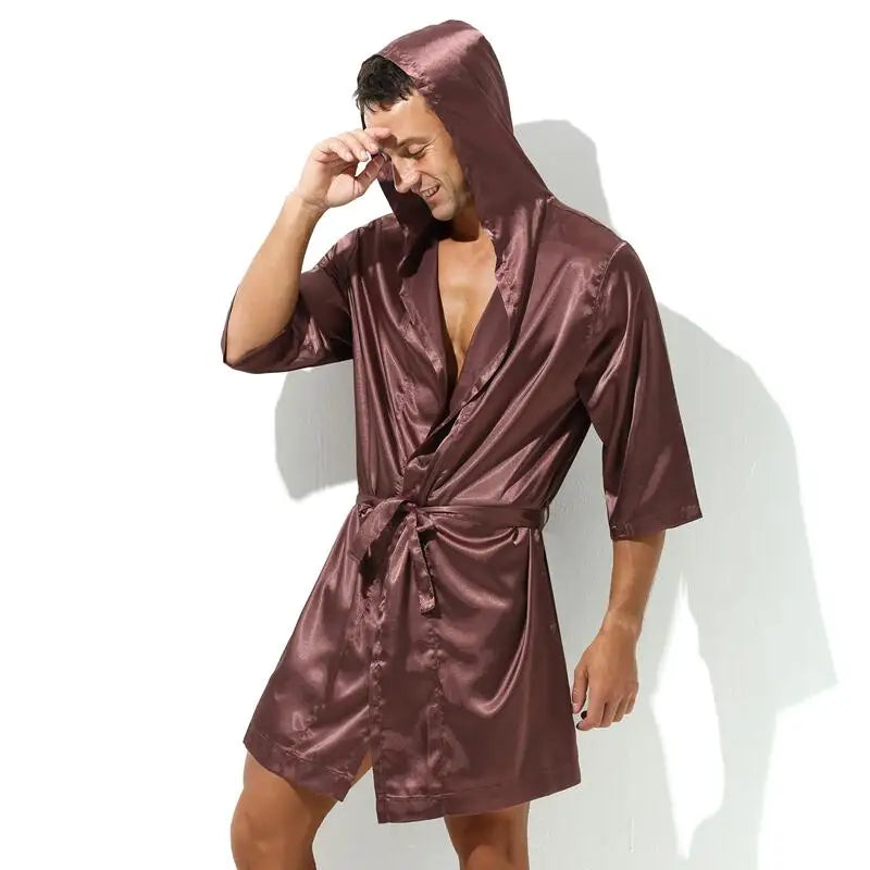 Sexy Sleepwear Men Robes Bathrobes Soft Silky Short Sleeve Nightgown Mens Homewear Dressing Gown Male Pajamas (No shorts)