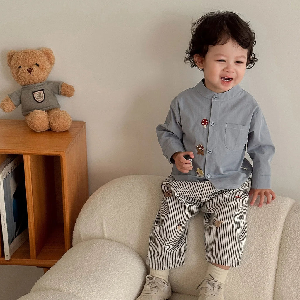 2025 Fall New Toddler Kids Pants Cotton Cartoon Embroidered Harem Pants Baby Boy Casual Striped Denim Baggy Trousers