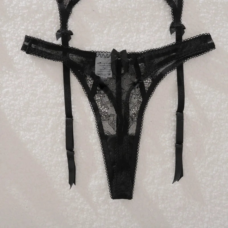 Lingeries Sexy Hot Exquisite Sheer Eyelash Lace Lingerie Sets for Women Tight Waist Corset Tops and Thong Garter Erotic Costumes