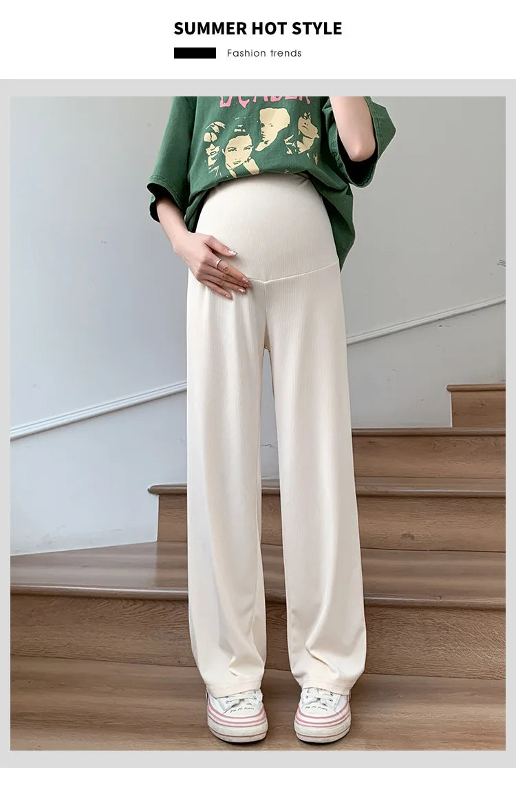 Maternity Clothings Maternity Wide Leg Pregnancy Pants Wear Trousers with Vertical Stripes Clothes for Pregnant Women