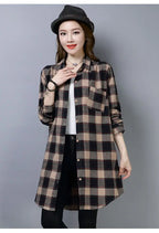Women's Plaid Shirt Mid-Length Loose Fit Korean Casual Plus Size Long Sleeve Autumn Tops