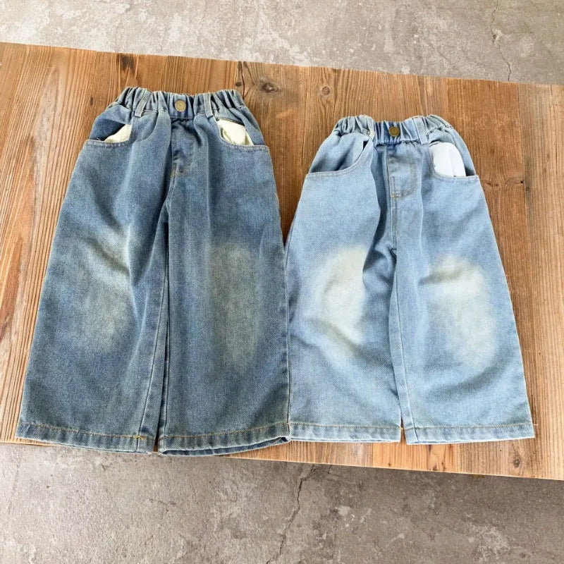 Children Wide Leg Jeans Spring Autumn Boy and Girl Elastic Waist Straight Leg Denim Pants Kids Casual Versatile Trousers A40056