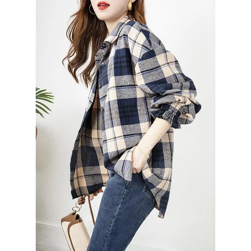 Women's Shirt Long Sleeve Buttons Plaid Casual Korean Fashion Loose Office Lady Simplicity Elegant Intellectual Generous Sven
