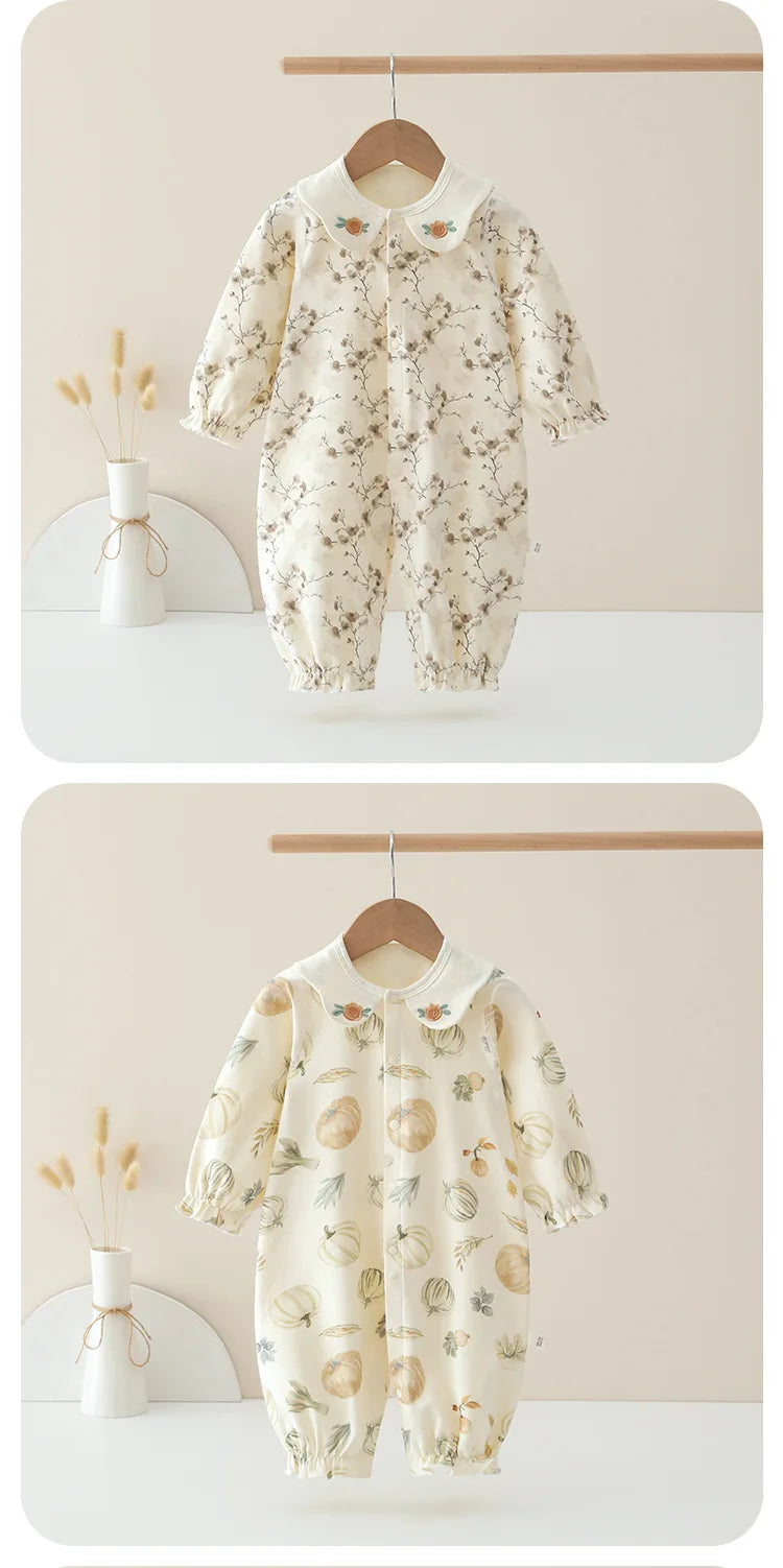 Spring and Autumn Baby Pure Cotton Velvet Jumpsuit with Plant Pattern Printed Baby Girl Clothing High Quality Baby Girl Clothing