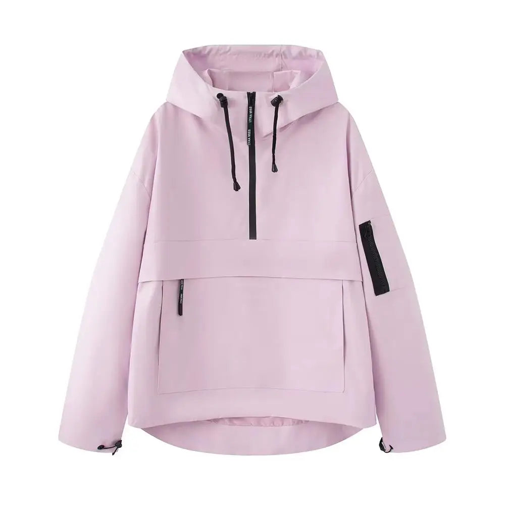 Fall 2025 Women's Casual Spor Loose Fit Stand Collar Long Sve Hooded Jaet Windbreaker Outerwear Polyester Fiber 00%