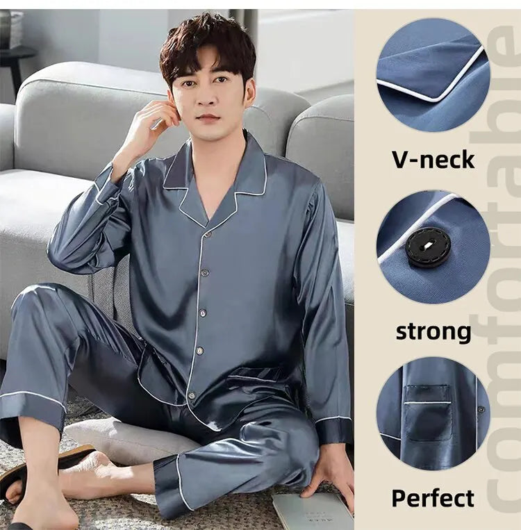 Men Ice Silk Pajamas Sleepwear Pajama Sets Nightclothes Black Blue L XXL 3XL 4XL Long Sleeves Long Pants Smooth Solid Color