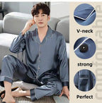 Men Ice Silk Pajamas Sleepwear Pajama Sets Nightclothes Black Blue L XXL 3XL 4XL Long Sleeves Long Pants Smooth Solid Color