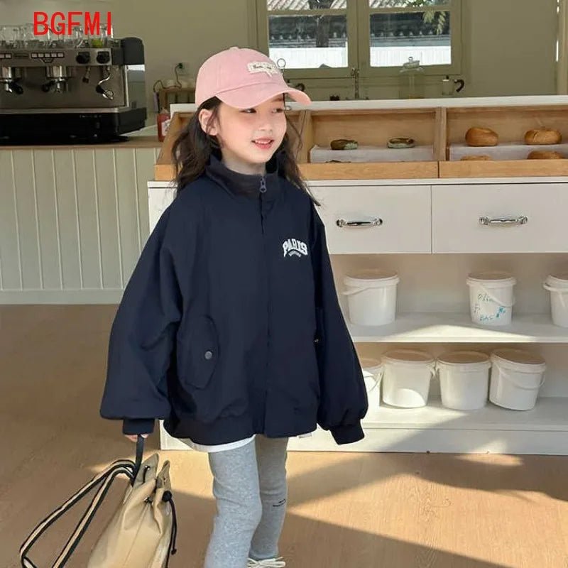 Girl's Fashion Spring Autumn Navy Coat Letter Print Jacket Casual Clothes for Teenagers 4-14Y Windbreaker Girls Children's Top