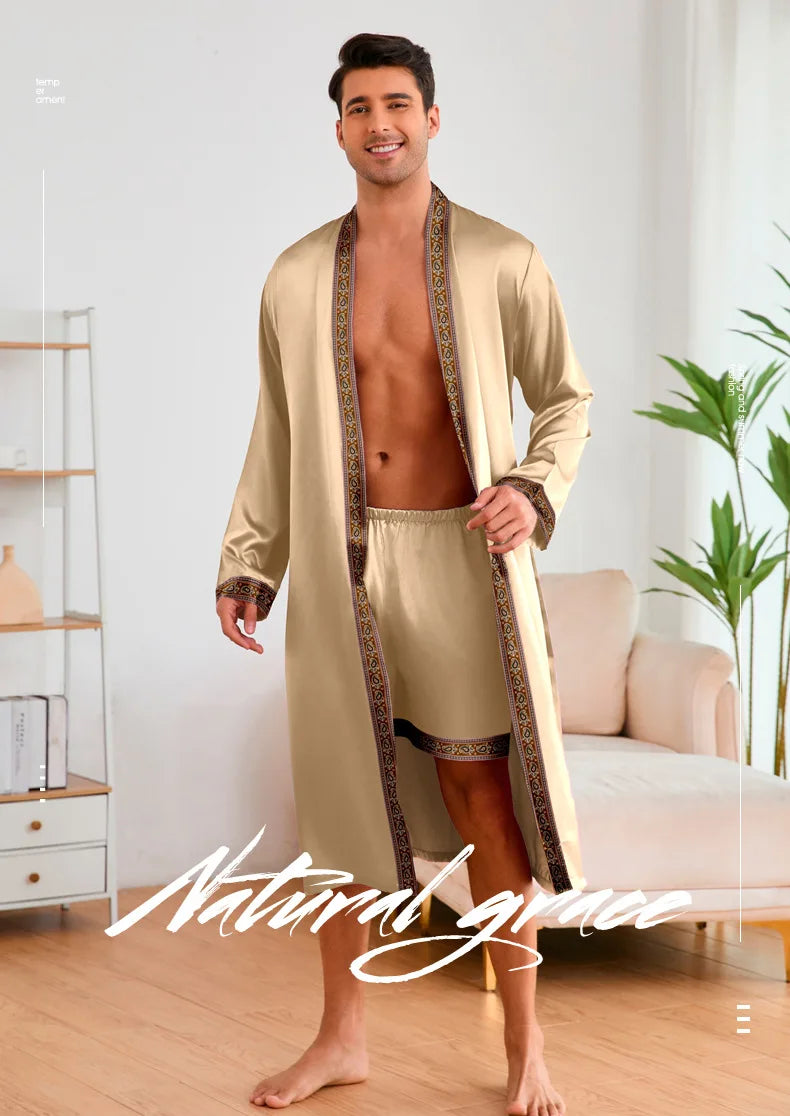 Men Long Robe Pajamas Set Baroque Style Kimono Bathrobe Gown Spring Summer Male Sleepwear Home Clothing Rayon Loungewear Pijamas