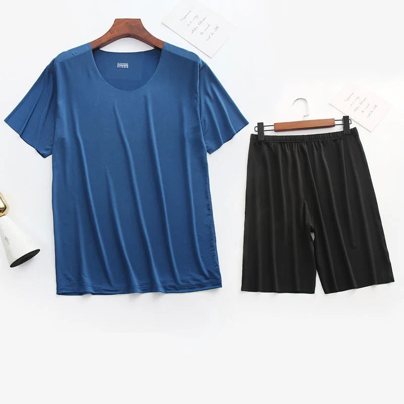 Men Ice Silk Pajamas Solid Shirt & Pants 2Pcs Pijamas Sleep Set Casual Male Home Clothes Summer Pyjamas Sleepwear Nightwear Suit