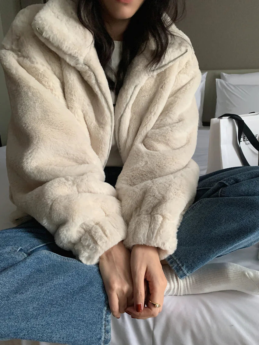 Women Autumn Winter Thicken Warm Coat Stand-Collar Loose Fur Plush Zipper Jacket Soft Comfortable Casual Simple Solid Outerwear