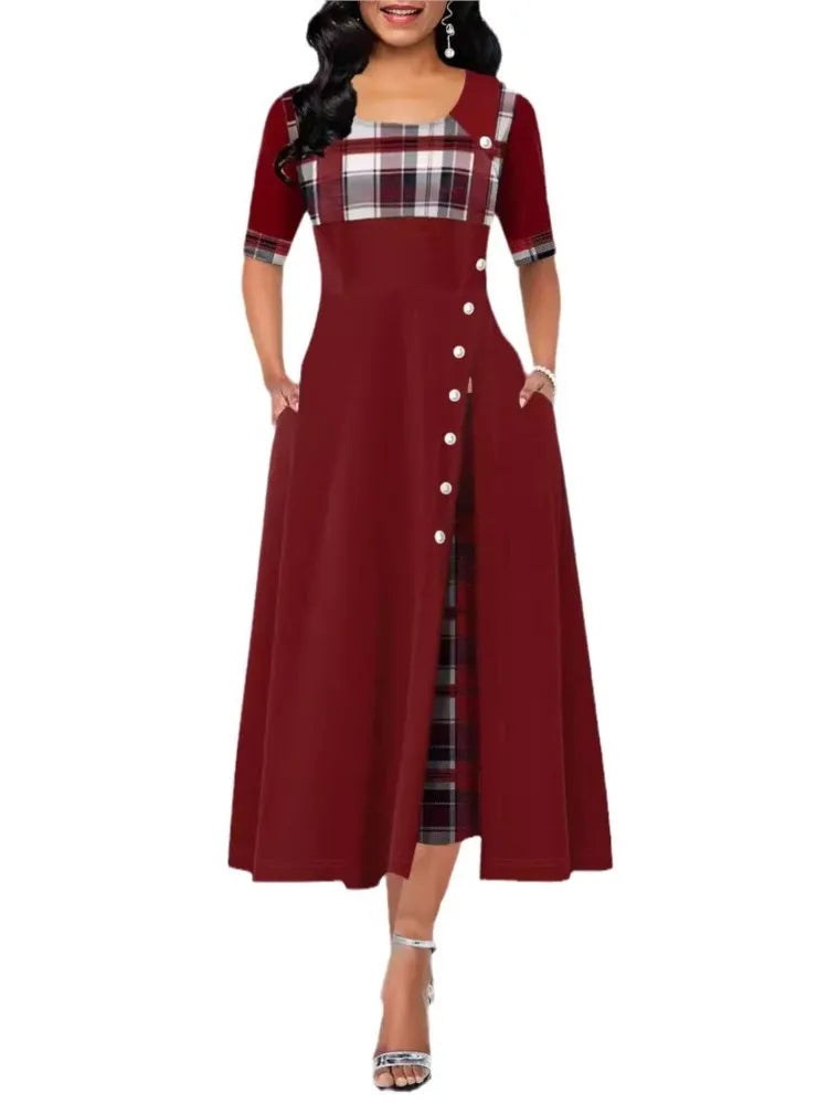 Women's Irregular Lattice Patchwork Long Dresses Vintage Buttons O Neck Half Sleeves Casual Lady Commuting Dress Fashion