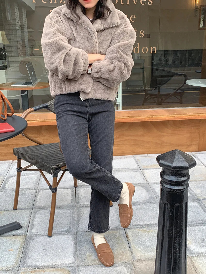 Women Autumn Winter Thicken Warm Coat Stand-Collar Loose Fur Plush Zipper Jacket Soft Comfortable Casual Simple Solid Outerwear