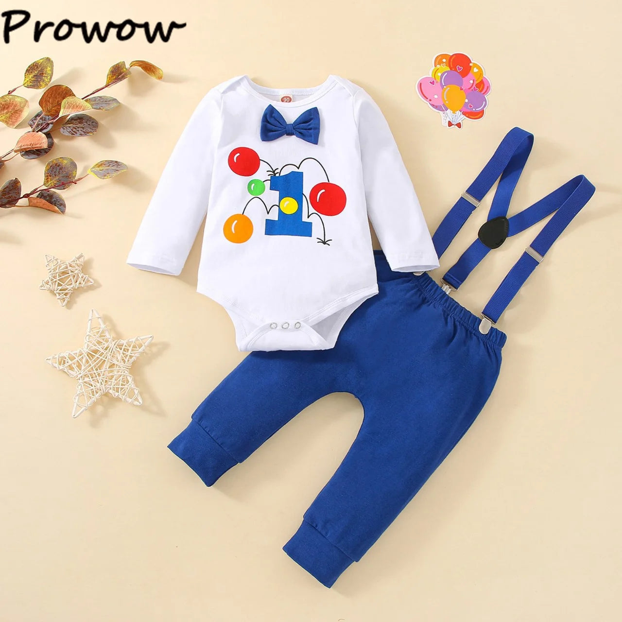 Baby Boys Birthday Outfits Sets Balloon Letter"1" Bodysuit and Y-back Suspender Shorts 1 Year Birthday Baby Cake Smash Clothes