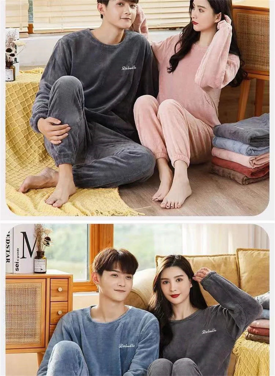 2025 Men's Thick Flannel Pajama Sets Couple Casual