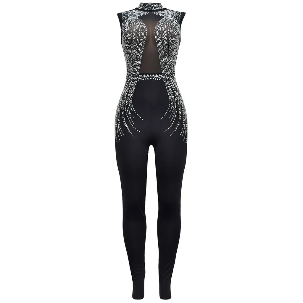 Women's Glittery Rhinestones Gymnastics Jumpsuit Sheer Mesh Patchwork Mock Neck Long Sleeve Dance Rompers One-piece Bodysuit