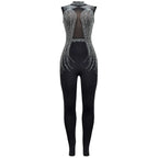 Women's Glittery Rhinestones Gymnastics Jumpsuit Sheer Mesh Patchwork Mock Neck Long Sleeve Dance Rompers One-piece Bodysuit