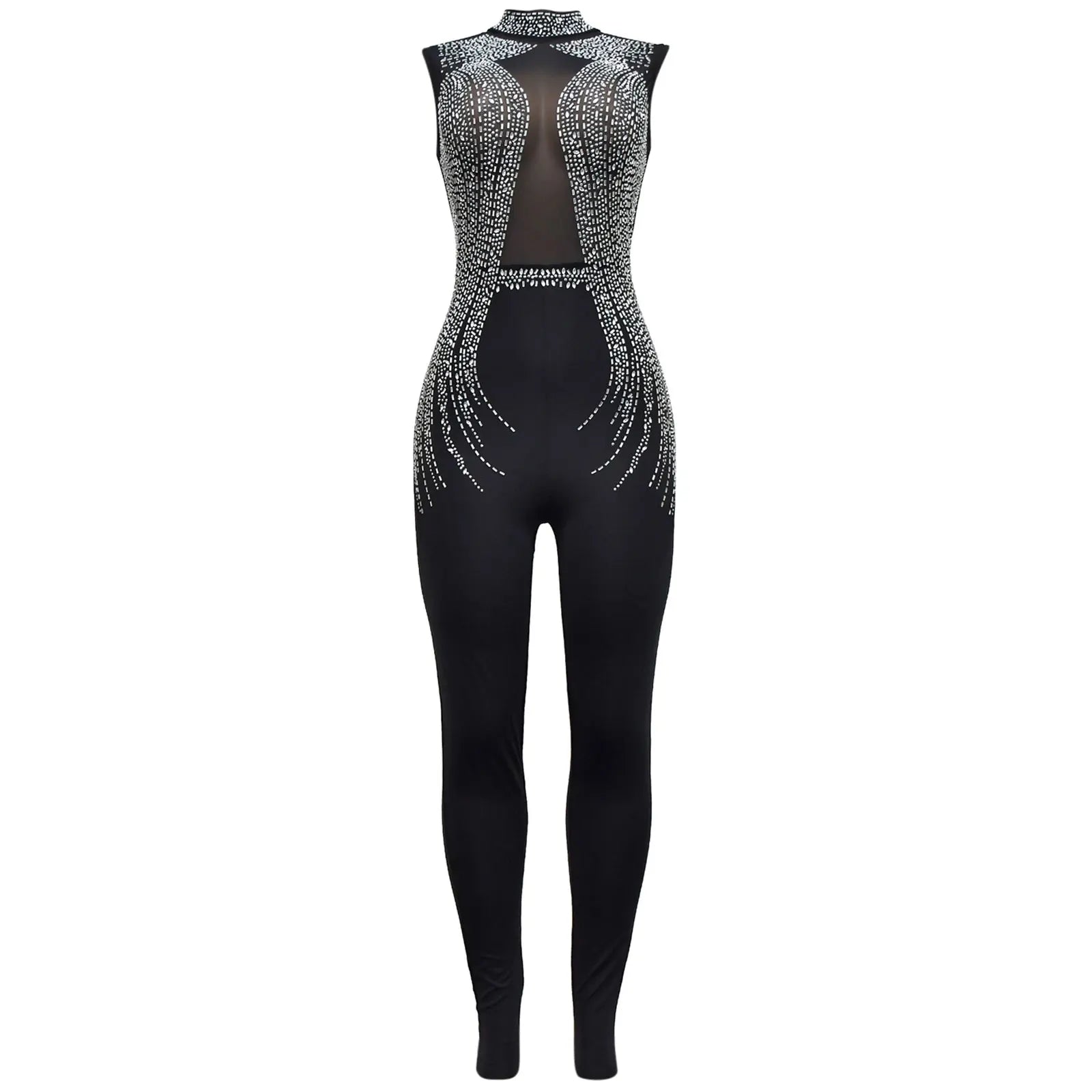 Women's Glittery Rhinestones Gymnastics Jumpsuit Sheer Mesh Patchwork Mock Neck Long Sleeve Dance Rompers One-piece Bodysuit