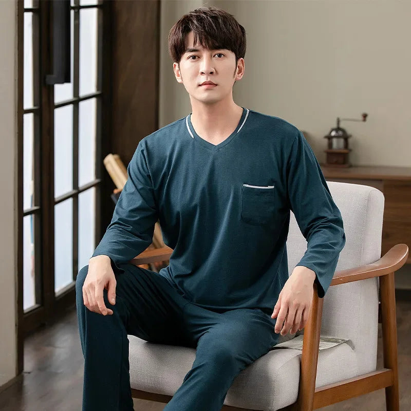 Fashion Lounge Pajamas Sets Men's Spring New Long-sleeved Tops with Trousers Cotton Homewear Comfort Simple Sleepwear Two Pieces