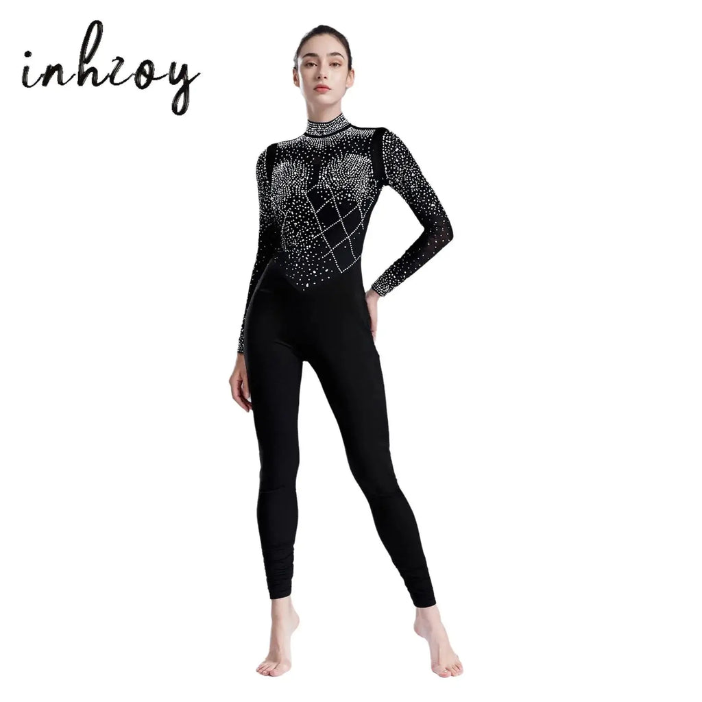 Women's Glittery Rhinestones Gymnastics Jumpsuit Sheer Mesh Patchwork Mock Neck Long Sleeve Dance Rompers One-piece Bodysuit