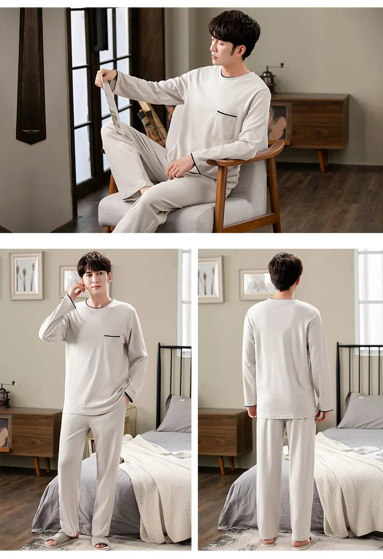 Fashion Lounge Pajamas Sets Men's Spring New Long-sleeved Tops with Trousers Cotton Homewear Comfort Simple Sleepwear Two Pieces
