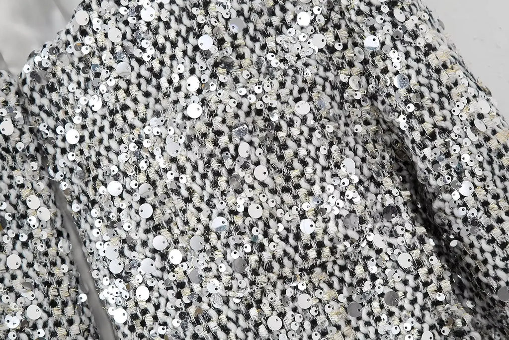 BKQU Tweed Sequined Jackets Women Casual Loose Round Neck Long Sleeved Cropped Silver Cardigan Autumn Female Warm Elegant Coats