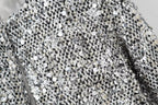 BKQU Tweed Sequined Jackets Women Casual Loose Round Neck Long Sleeved Cropped Silver Cardigan Autumn Female Warm Elegant Coats