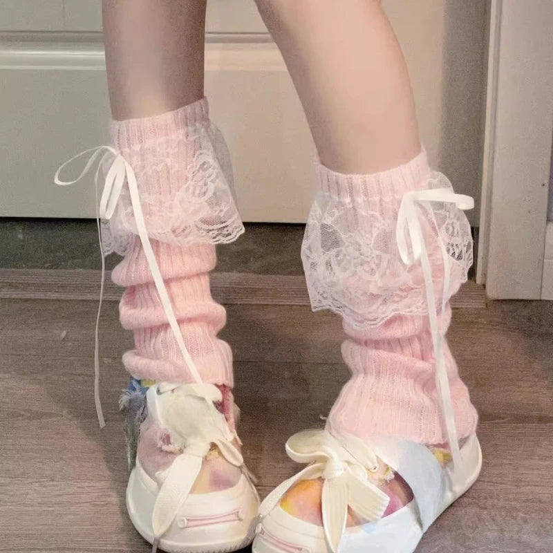 2025 New Woman Leg Warmers Autumn and Winter Ribbon Lolita Black Knee Warmers Long Socks JK Knitted Girl White Leg Warmers