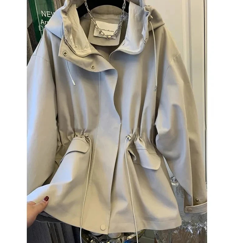 Women's Jacket Khaki Hooded Trench Coat Women's Autumn And Winter New Short Coat Retro Casual Loose Top Outerwear