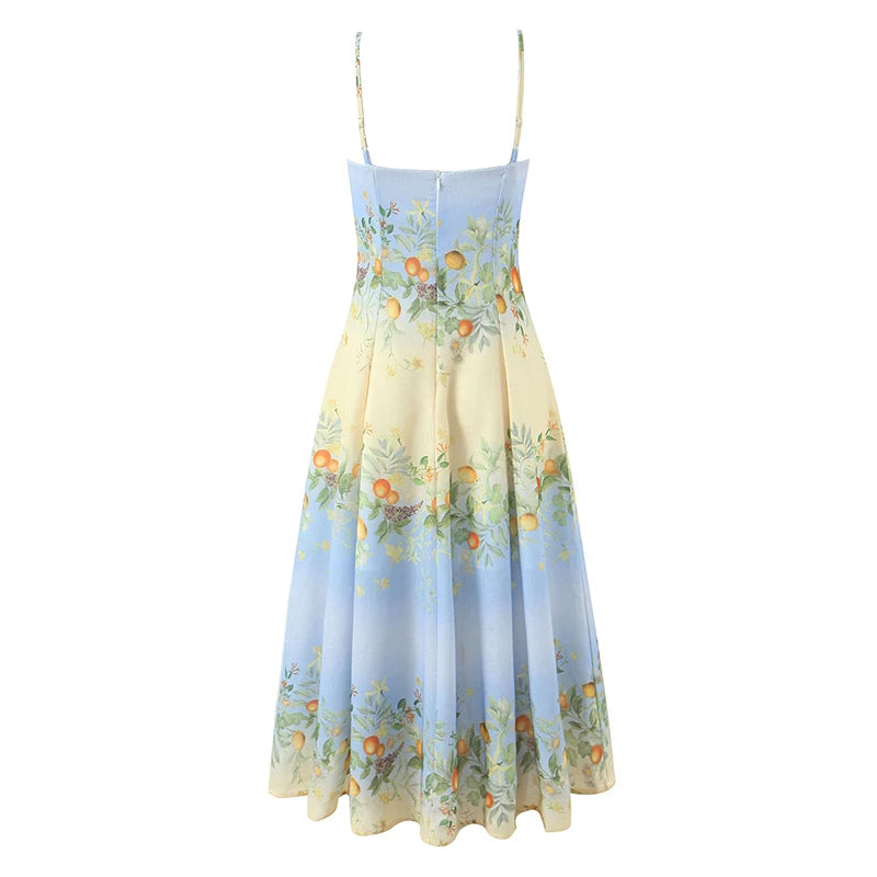 YENKYE Sexy Spaghetti Straps Floral Print Boho Dresses Women Elegant A-line Midi Summer Vacation Dress 2026 Robe
