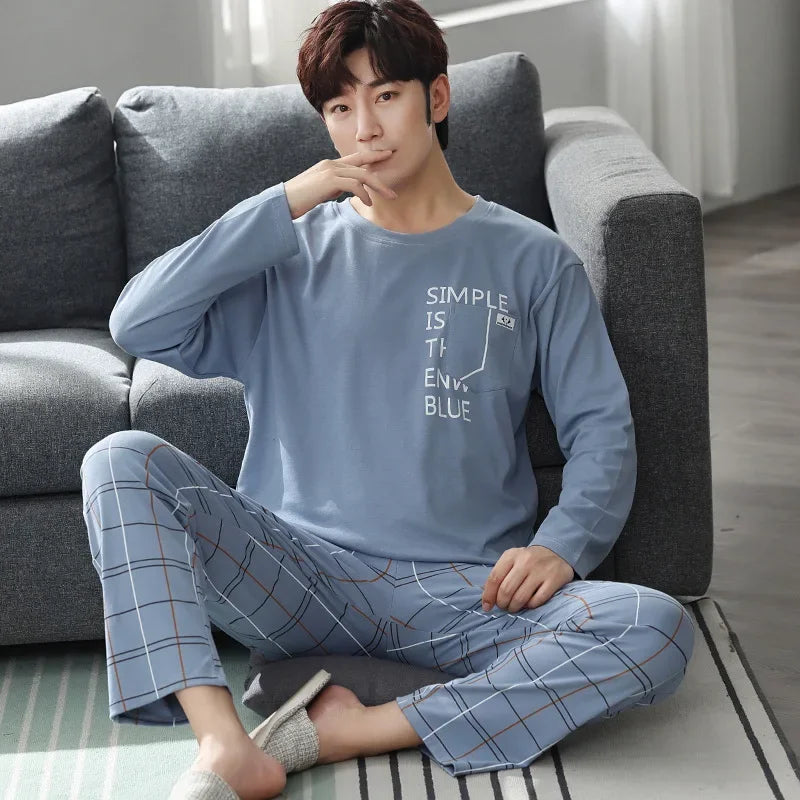 Fashion Lounge Pajamas Sets Men's Spring New Long-sleeved Tops with Trousers Cotton Homewear Comfort Simple Sleepwear Two Pieces