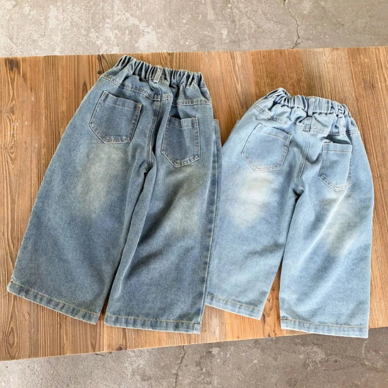 Children Wide Leg Jeans Spring Autumn Boy and Girl Elastic Waist Straight Leg Denim Pants Kids Casual Versatile Trousers A40056