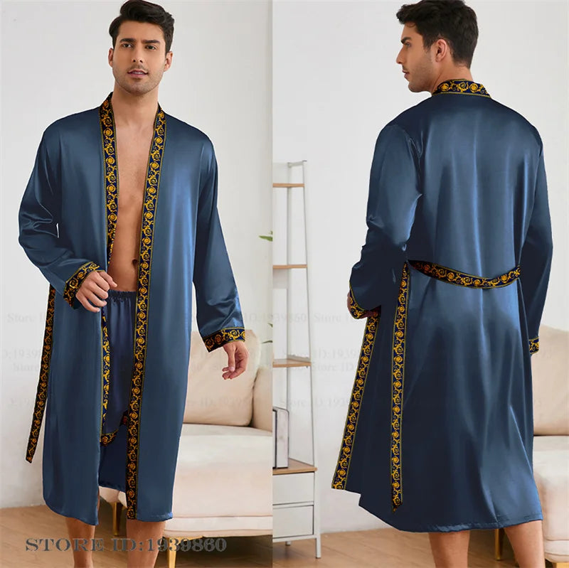 Men Long Robe Pajamas Set Baroque Style Kimono Bathrobe Gown Spring Summer Male Sleepwear Home Clothing Rayon Loungewear Pijamas