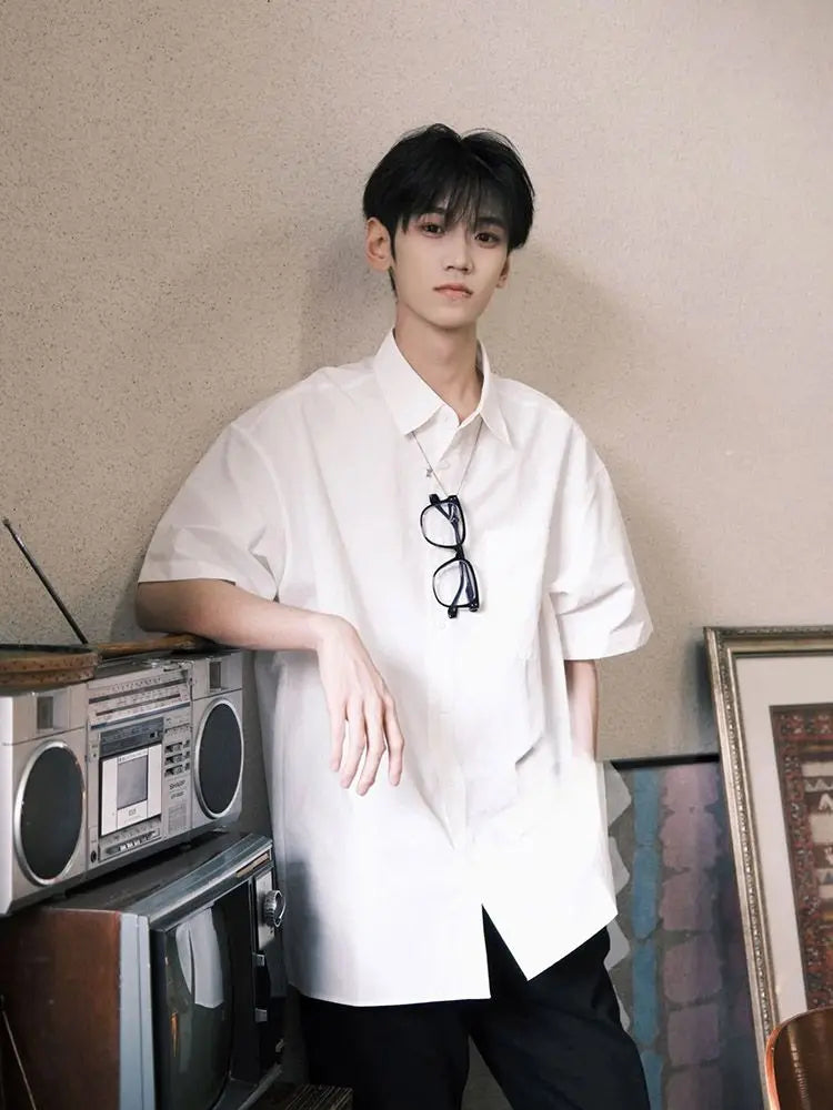 Japanese Short-sleeved Shirt Boy Boy's Stylish Brand Ins Solid Color Casual Summer Thin Retro Loose Shirt Jacket