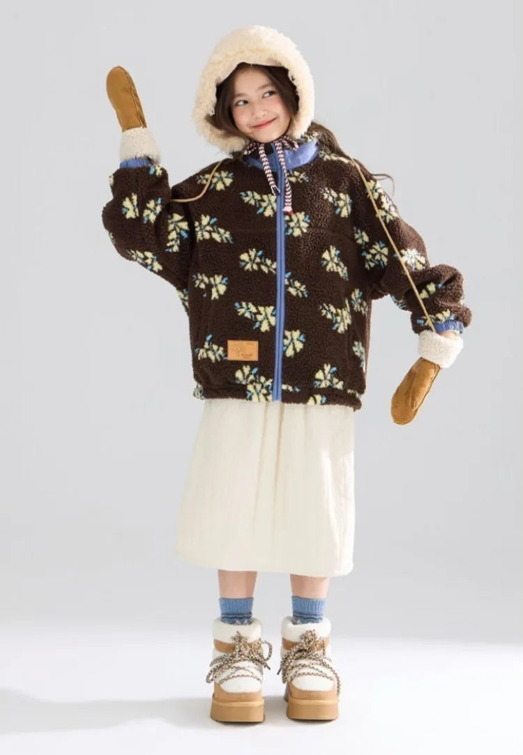 Girl's Winter Coat Floral Jacquard Lamb Fur Thickened Stylish Autumn Winter Toddler Kids Cotton Jacket