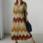 Womens Fashion Retro Splicing Printed Long-sleeved Dresses Fall And Winter Single-breasted Loose Dresses New Lapel Shirt Dresses
