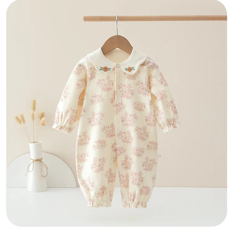 Spring and Autumn Baby Pure Cotton Velvet Jumpsuit with Plant Pattern Printed Baby Girl Clothing High Quality Baby Girl Clothing