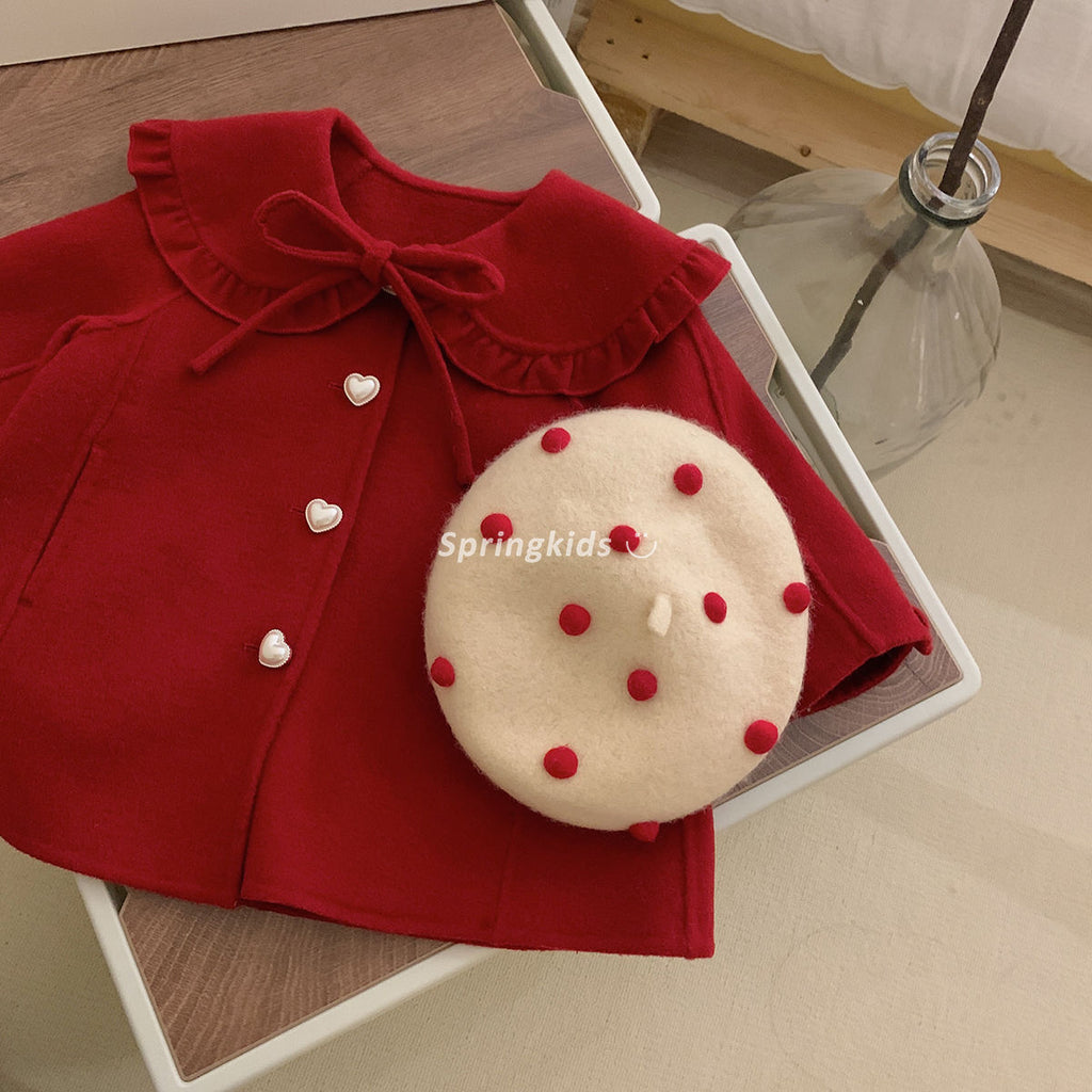 Girls' Red Woolen Jacket for Autumn 2023 Children's Clothing, Fashionable and Versatile on Doll Necked Fabrics