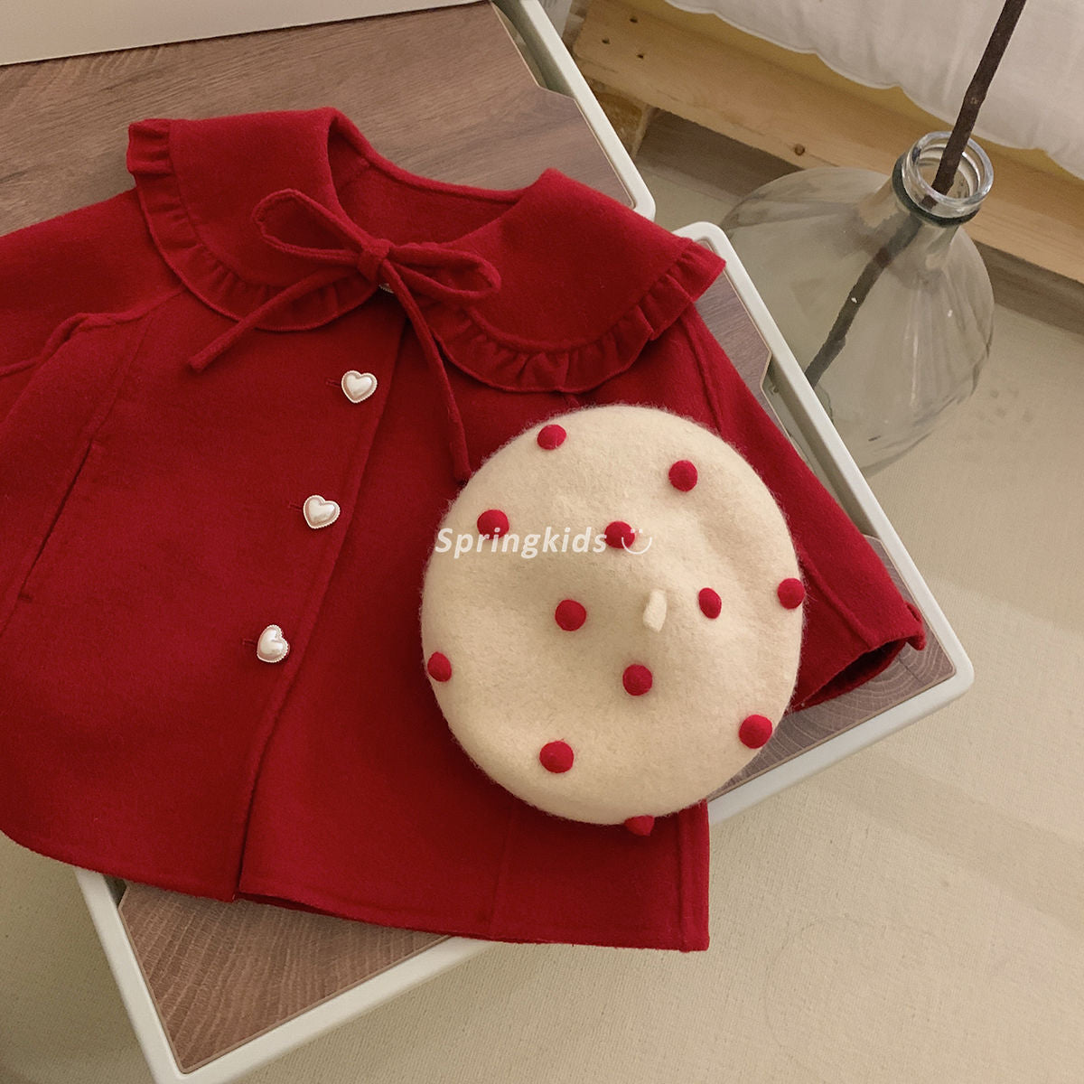 Girls' Red Woolen Jacket for Autumn 2023 Children's Clothing, Fashionable and Versatile on Doll Necked Fabrics