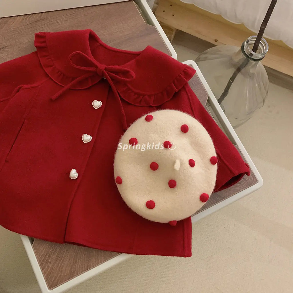 Girls' Red Woolen Jacket for Autumn 2023 Children's Clothing, Fashionable and Versatile on Doll Necked Fabrics