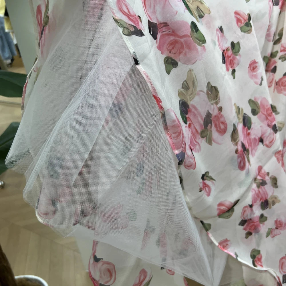 Summer New Women Retro Printed A-line Strap Dress With High Waist Wrinkled Long Dresses Beach Party Birthday Celebrity Gown