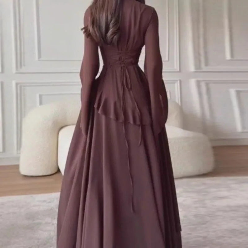 Robes for Woman Elegant O Neck Solid Ruffles Party Pleated Dress Spring Autumn Flare Sleeve Tie-up Slim Female Clothing Vestidos