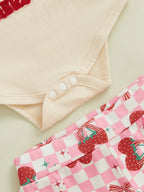 Baby Girl Mother's Day Letter Towel Embroidery Strawberry Pattern Short Sleeve Top Long Pants + Headwear Children's Clothing