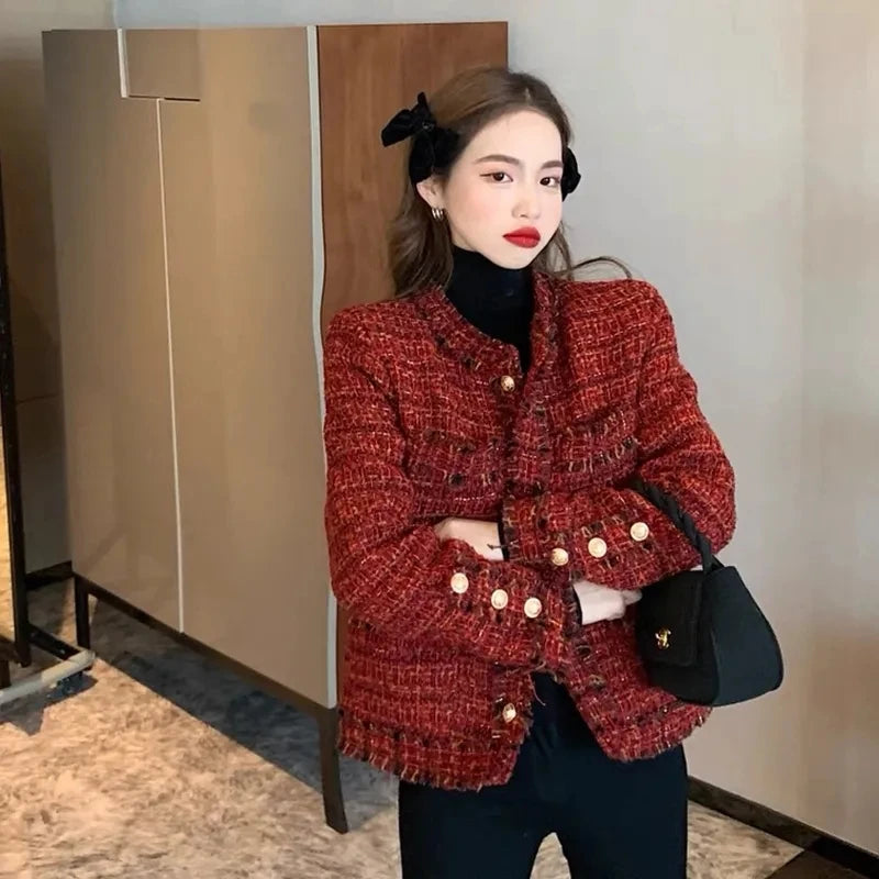 2023 Autumn New French High end Temperament Red Fragrant Coat Women's Short Thick Tweed OutwearFashion Women Slim Thicken Jacket