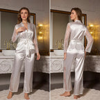 Female Pajamas 2PCS Set Sexy Perspective Lace Long Sleeve Trouser Pijamas Suit Sleepwear Loose Silk Satin Homewear Loungewear