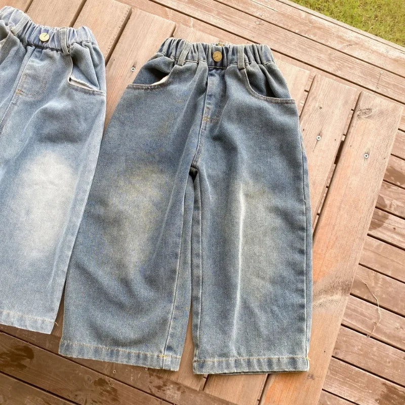 Children Wide Leg Jeans Spring Autumn Boy and Girl Elastic Waist Straight Leg Denim Pants Kids Casual Versatile Trousers A40056