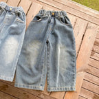 Children Wide Leg Jeans Spring Autumn Boy and Girl Elastic Waist Straight Leg Denim Pants Kids Casual Versatile Trousers A40056