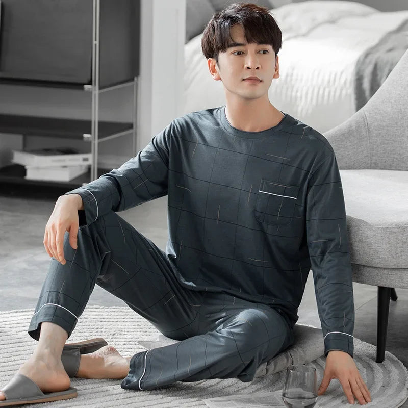 Fashion Lounge Pajamas Sets Men's Spring New Long-sleeved Tops with Trousers Cotton Homewear Comfort Simple Sleepwear Two Pieces