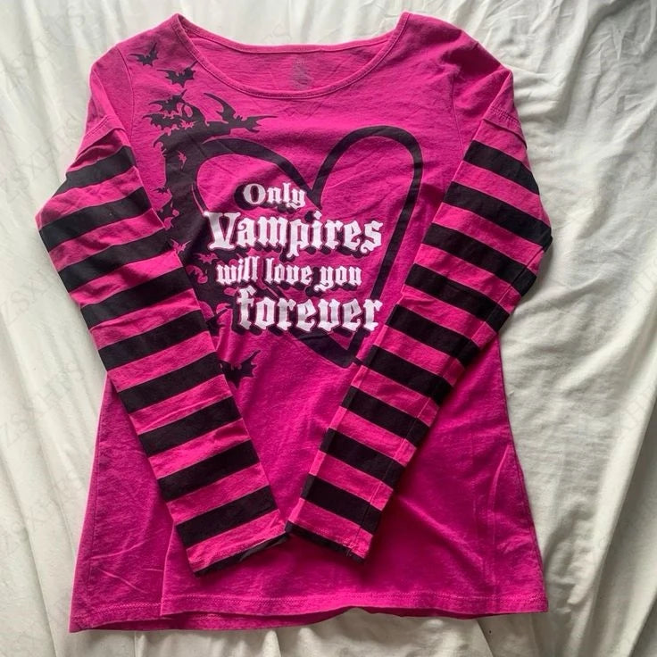 Pink T shirts Punk Top Sweet Girl Emo Letter Stripe Gothic Long sleeves Women Clothing Vintage Graphic Tee Aesthetic Y2K T shirt
