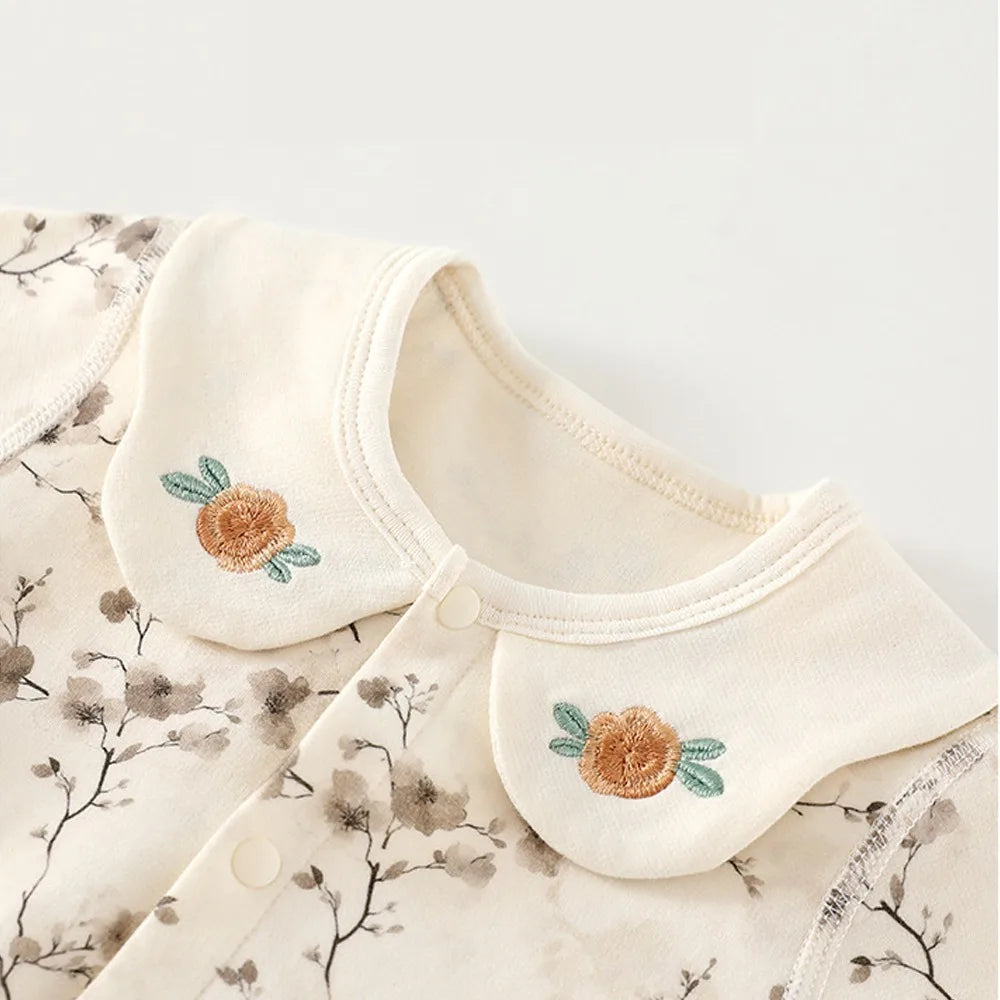 Spring and Autumn Baby Pure Cotton Velvet Jumpsuit with Plant Pattern Printed Baby Girl Clothing High Quality Baby Girl Clothing